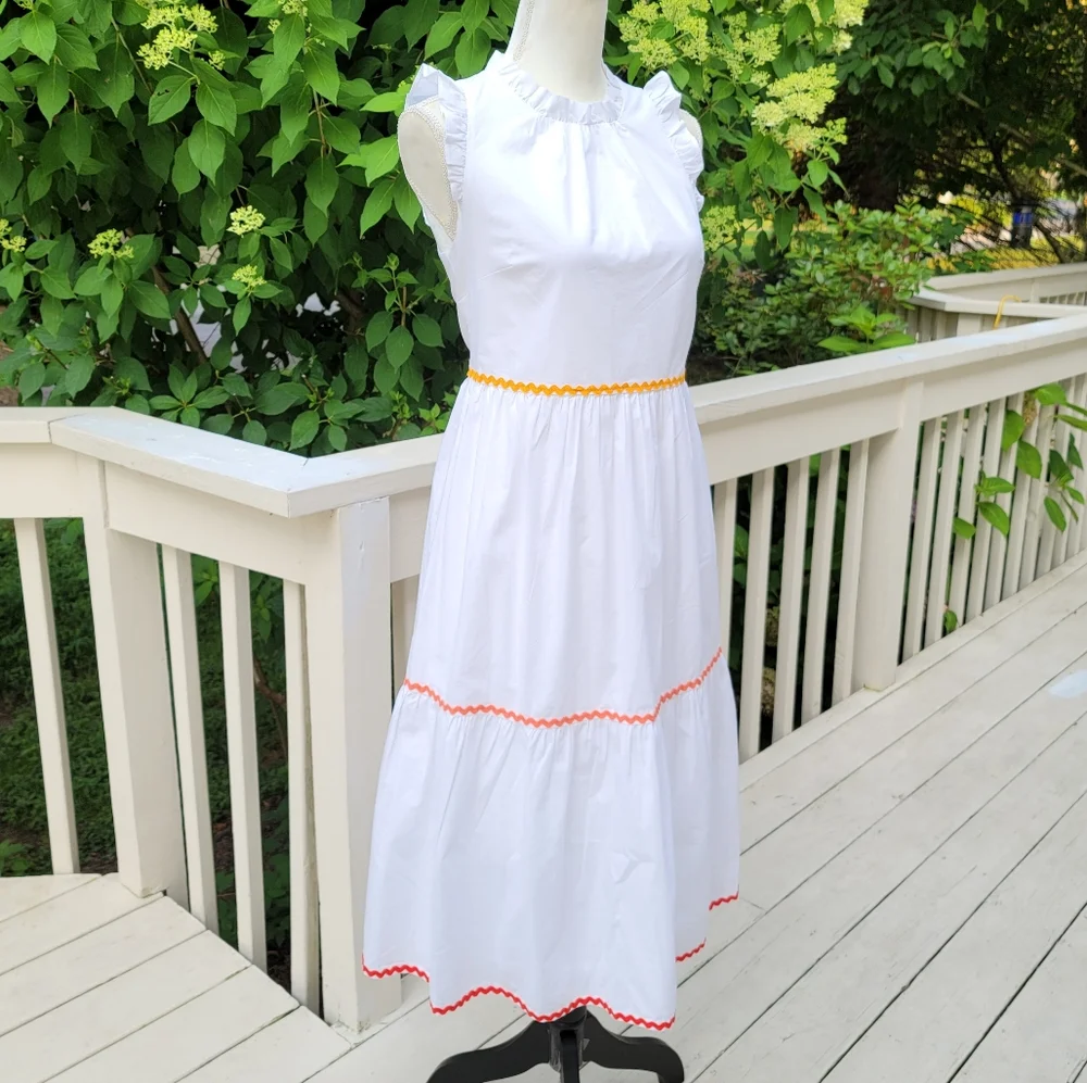 New! J Crew size 2 White Tiered Midi Ruffle Dress Rickrack Trim NWT - Picture 2 of 6